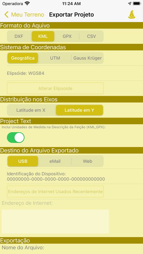 Tela Exportar Projeto com os formatos DXF, KML, GPX e CSV