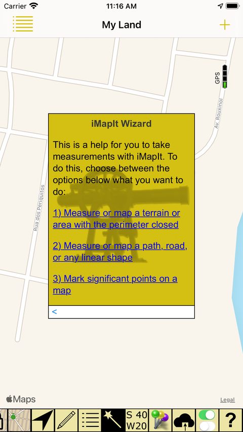 iMapIt Wizard screen with the measuring options