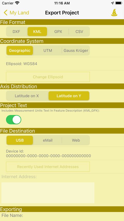 Export Project screen with the DXF, KML, GPX and CSV formats