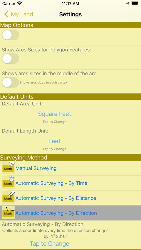 Settings screen with the collection methods: manual, by time, by distance and by direction