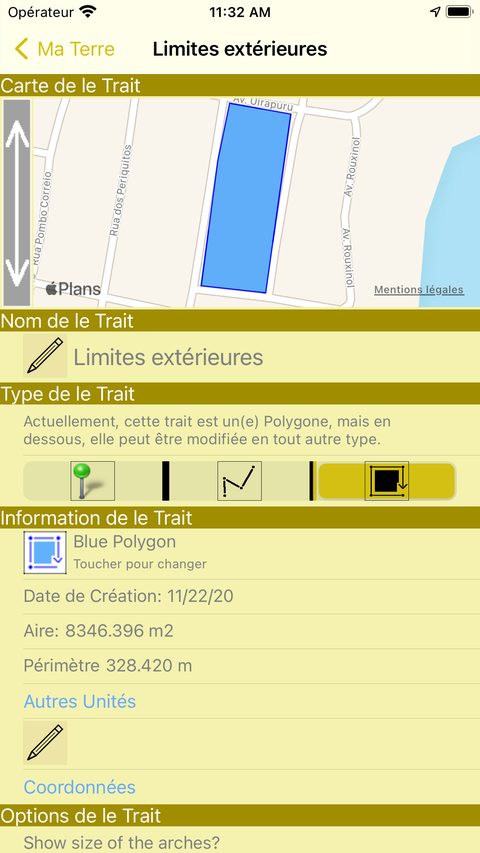 Détails d'un élément avec surface et périmètre