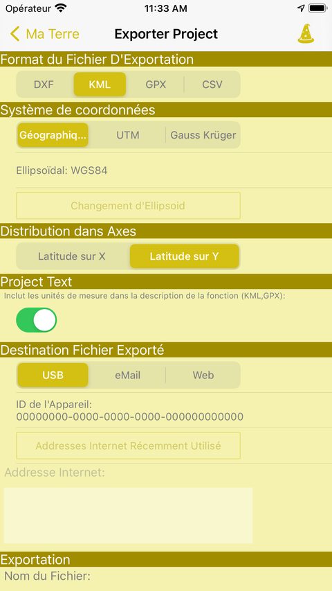 Écran Exporter Projet avec les formats DXF, KML, GPX et CSV